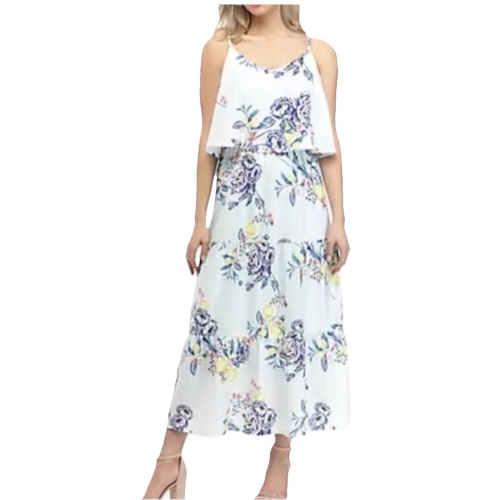 Kaari‎ Blue Floral Dress Tiered Maxi Women's M Cottagecore Coquette Fairy Garden